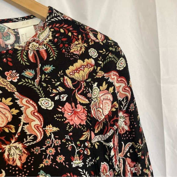 H&M Women’s Black Pink Floral Mini Dress 3/4 Flare Sleeve Size 10 - Picture 8 of 13